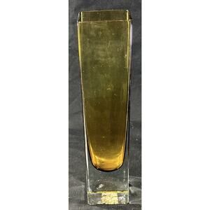Mid Century Amber Sommerso Style Art Glass Block Vase 8.5” Heavy Clear Base